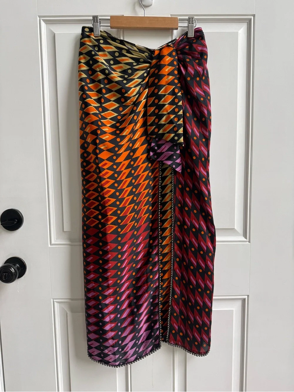 Zara Knotted Geometric Print Beaded Wrap Skirt Festival Bold Boho Asymmetrical